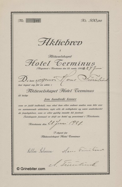 Hotel Terminus Stock Certificate Aksjebrev