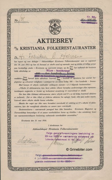 Kristiania Folkerestaurant. Stock Certificate Aksjebrev