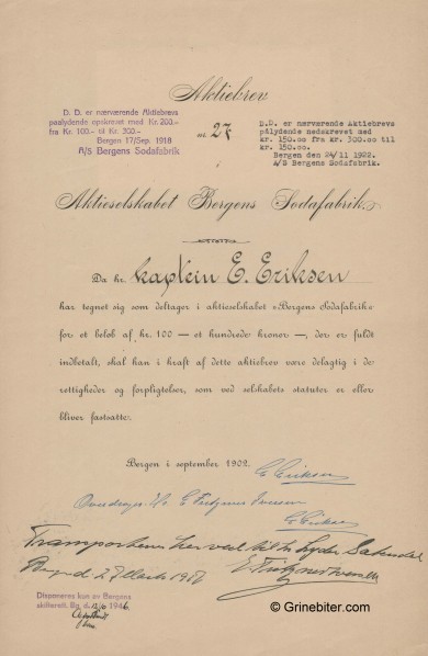 Bergens Sodafabrik Stock Certificate Aksjebrev