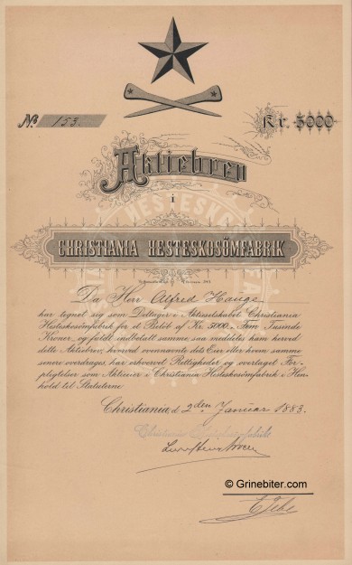 Christiania Hesteskosmfabrik Stock Certificate Aksjebrev