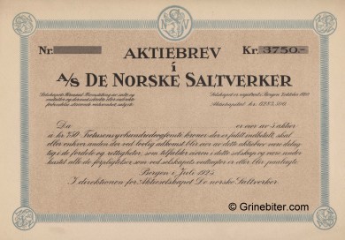 De Norske Saltverker Stock Certificate Aksjebrev