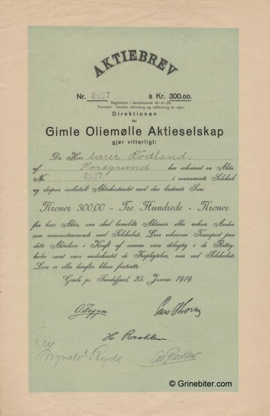 Gimle Oliemlle A/S Stock Certificate Aksjebrev