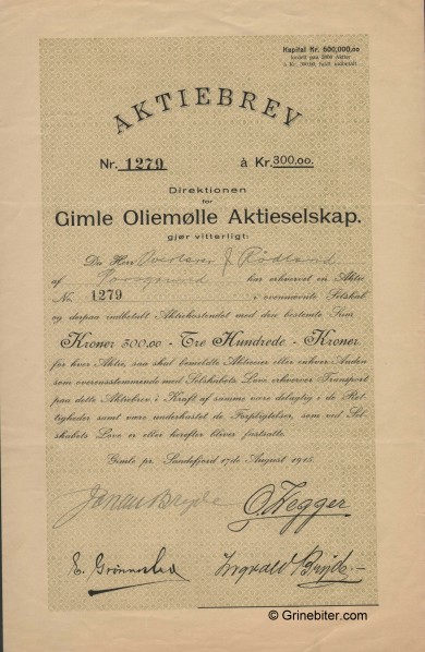 Gimle Oliemlle A/S Stock Certificate Aksjebrev