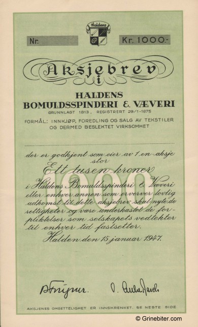 Haldens Bomuldsspinderi & Vveri Stock Certificate Aksjebrev