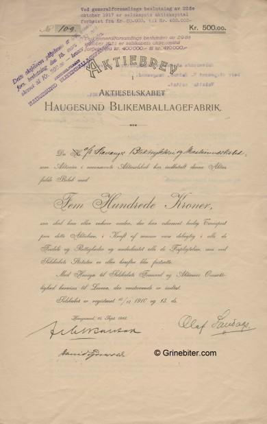 Haugesund Blikemballagefabrik Stock Certificate Aksjebrev