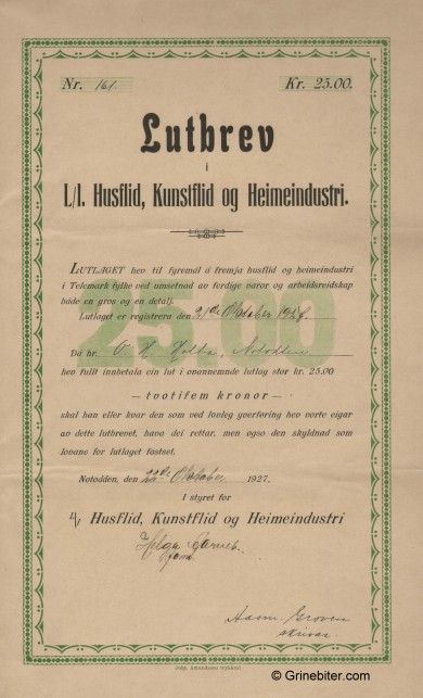 Husflid, Kunstflid og Heimeindustri. Stock Certificate Aksjebrev