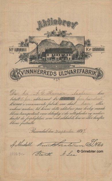 Kvinnherreds Uldvarefabrik Stock Certificate Aksjebrev
