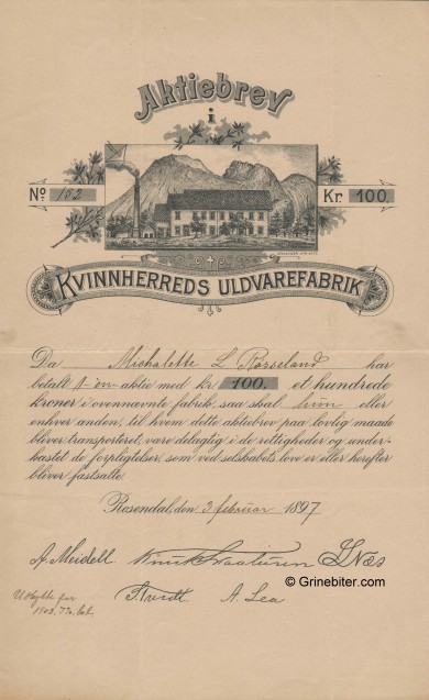 Kvinnherreds Uldvarefabrik Stock Certificate Aksjebrev