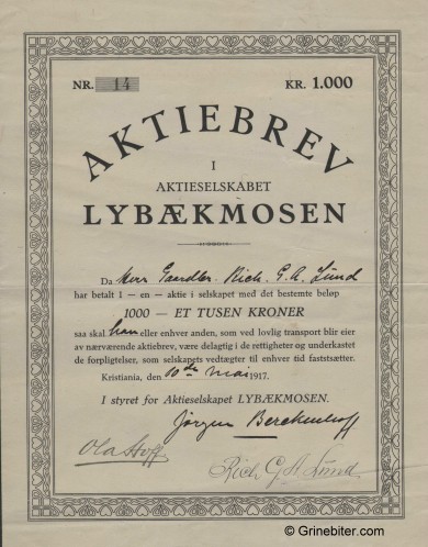 Lybkmosen A/S Stock Certificate Aksjebrev