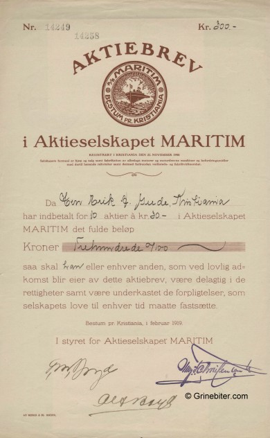 Maritim A/S Stock Certificate Aksjebrev