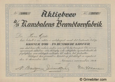 Namdalens Brndtorvfabrik Stock Certificate Aksjebrev