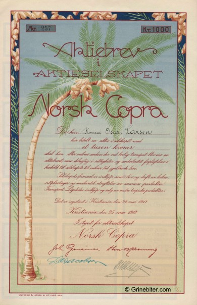 Norsk Copra Stock Certificate Aksjebrev