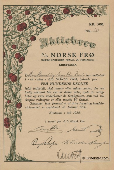Norsk Fr Stock Certificate Aksjebrev