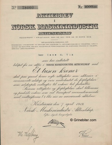Norsk Maskinindustri Stock Certificate Aksjebrev