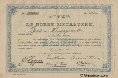 Norsk Metalverk A/S Stock Certificate Aksjebrev