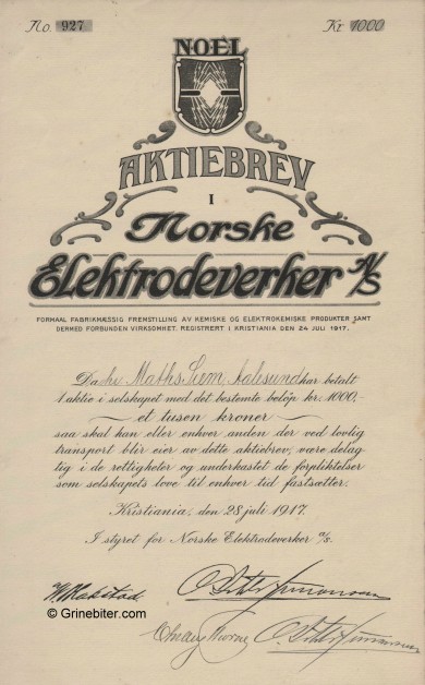 Norske Electrodeverker Stock Certificate Aksjebrev
