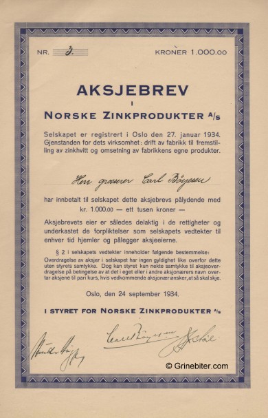 Norske Zinkprodukter A/S Stock Certificate Aksjebrev