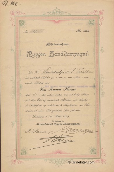 Ryggen Sandkompagni Stock Certificate Aksjebrev