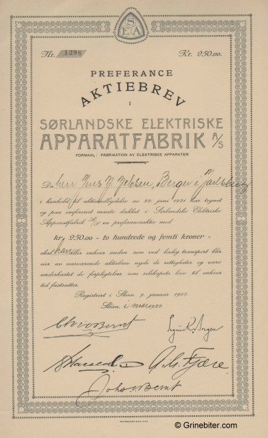 Srlandske Elektriske Apparatfabrik Stock Certificate Aksjebrev