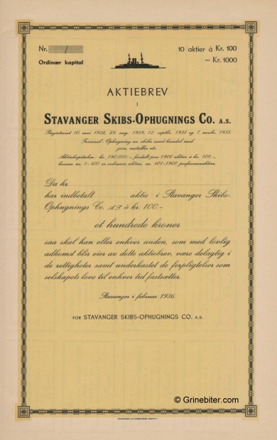 Stavanger Skibs-Ophugnings Co.  Stock Certificate Aksjebrev
