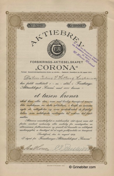 Corona Forsikrings-A/S Stock Certificate Aksjebrev