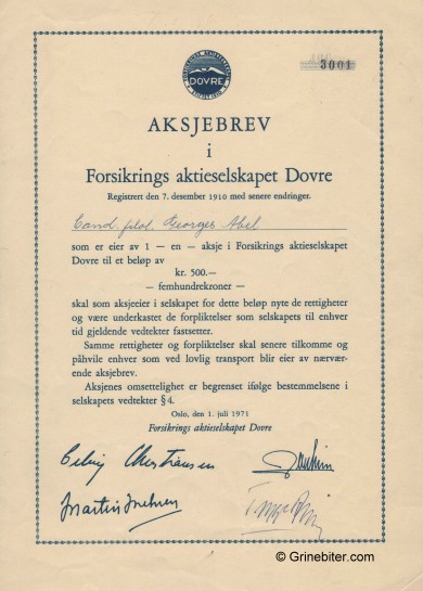 Dovre Forsikrings A/S Stock Certificate Aksjebrev