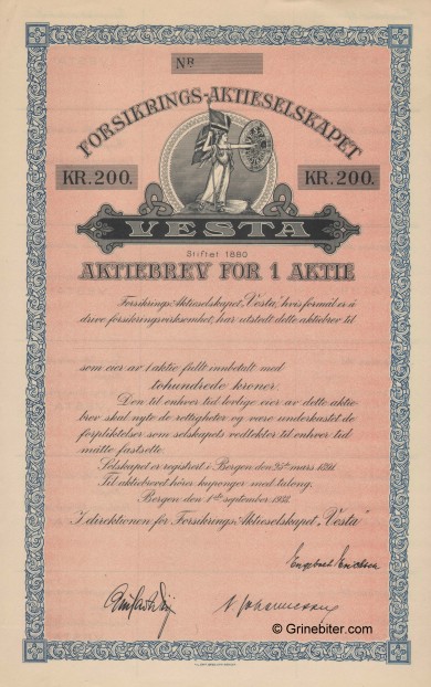 Vesta Forsikrings Aktieselskapet Stock Certificate Aksjebrev