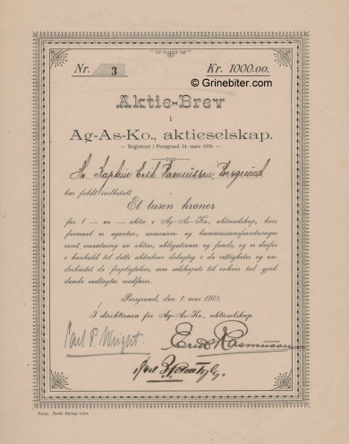 Ag-As-Ko A/S Stock Certificate Aksjebrev