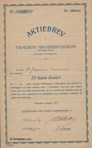 Tangen Skibsbyggeri Stock Certificate Aksjebrev