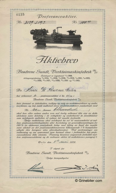 Brdrene Sundt, Verktimaskinfabrik Stock Certificate Aksjebrev