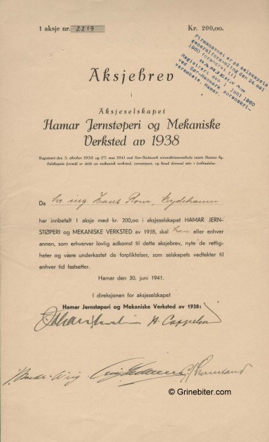 Hamar Jernstperi og Mekaniske Verksted a 1938 Stock Certificate Aksjebrev