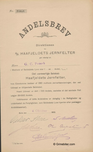 Haafjeldets Jernfelter A/S Stock Certificate Aksjebrev