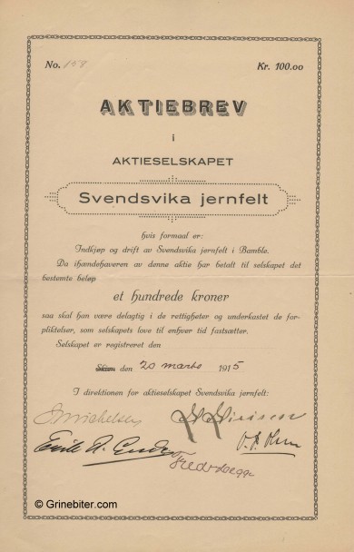 Svendsvika Jernfelt A/S Stock Certificate Aksjebrev
