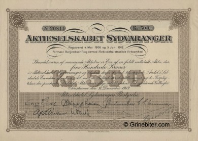 Sydvaranger A/S Stock Certificate Aksjebrev