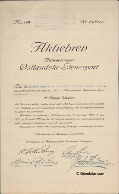 stlanske Stenexport Stock Certificate Aksjebrev
