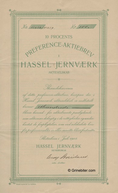 Hassel Jernvrk Pre/A/S Stock Certificate Aksjebrev