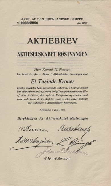 Rstvangen Stock Certificate Aksjebrev