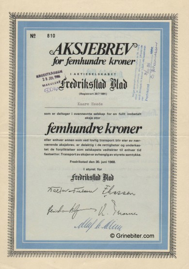Fredriksstad Blad A/S Stock Certificate Aksjebrev