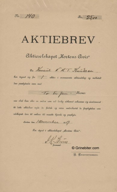 Hortens Avis A/S Stock Certificate Aksjebrev
