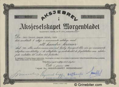 Morgenbladet A/S Stock Certificate Aksjebrev