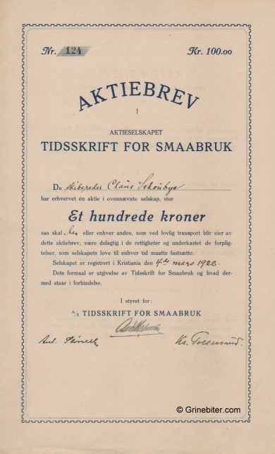 Tidsskrift for Smaabruk Stock Certificate Aksjebrev