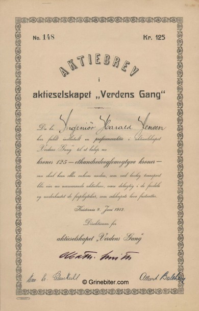 Verdens Gang A/S Stock Certificate Aksjebrev