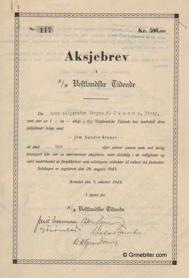 Vestlandske Tidene A/S Stock Certificate Aksjebrev