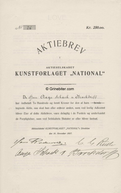 National Kunstforlaget A/S Stock Certificate Aksjebrev