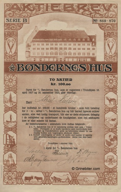 Bndenes Hus A/S  Stock Certificate Aksjebrev