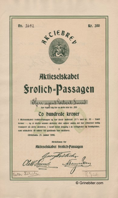 Frlich-Passagen  Stock Certificate Aksjebrev
