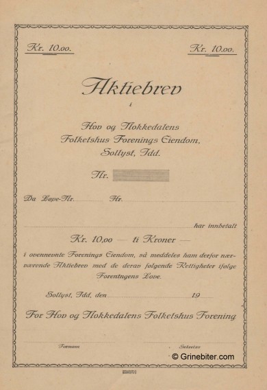 Hov og Nokkedalens Folketshus Forenings Stock Certificate Aksjebrev