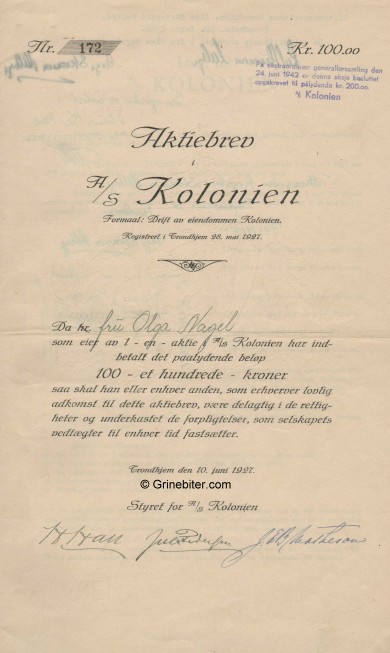 Kolonien A/S Stock Certificate Aksjebrev