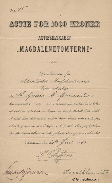 Magdalenetomtene A/S Stock Certificate Aksjebrev