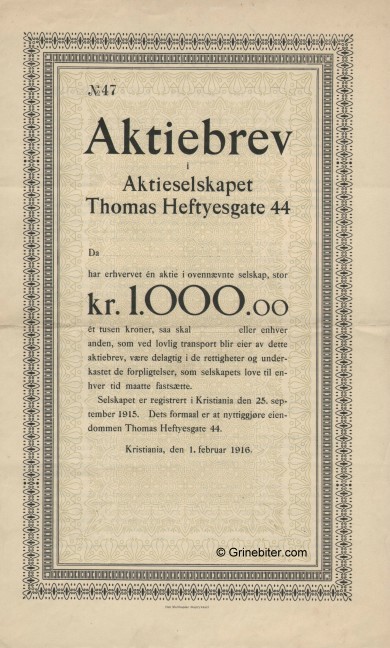 Thomas Heftyesgate 44 Stock Certificate Aksjebrev